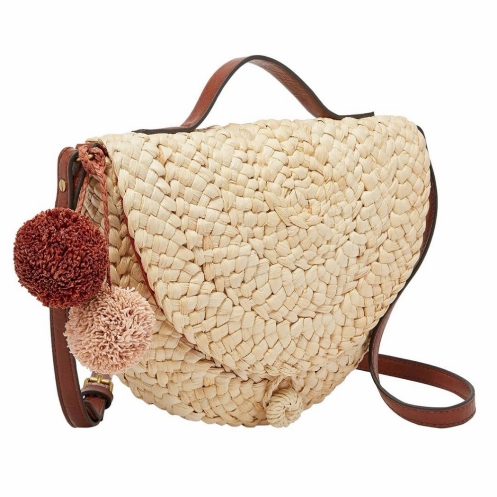 Woven Straw Crossbody Bag with Pom Pom Accent - Natural
